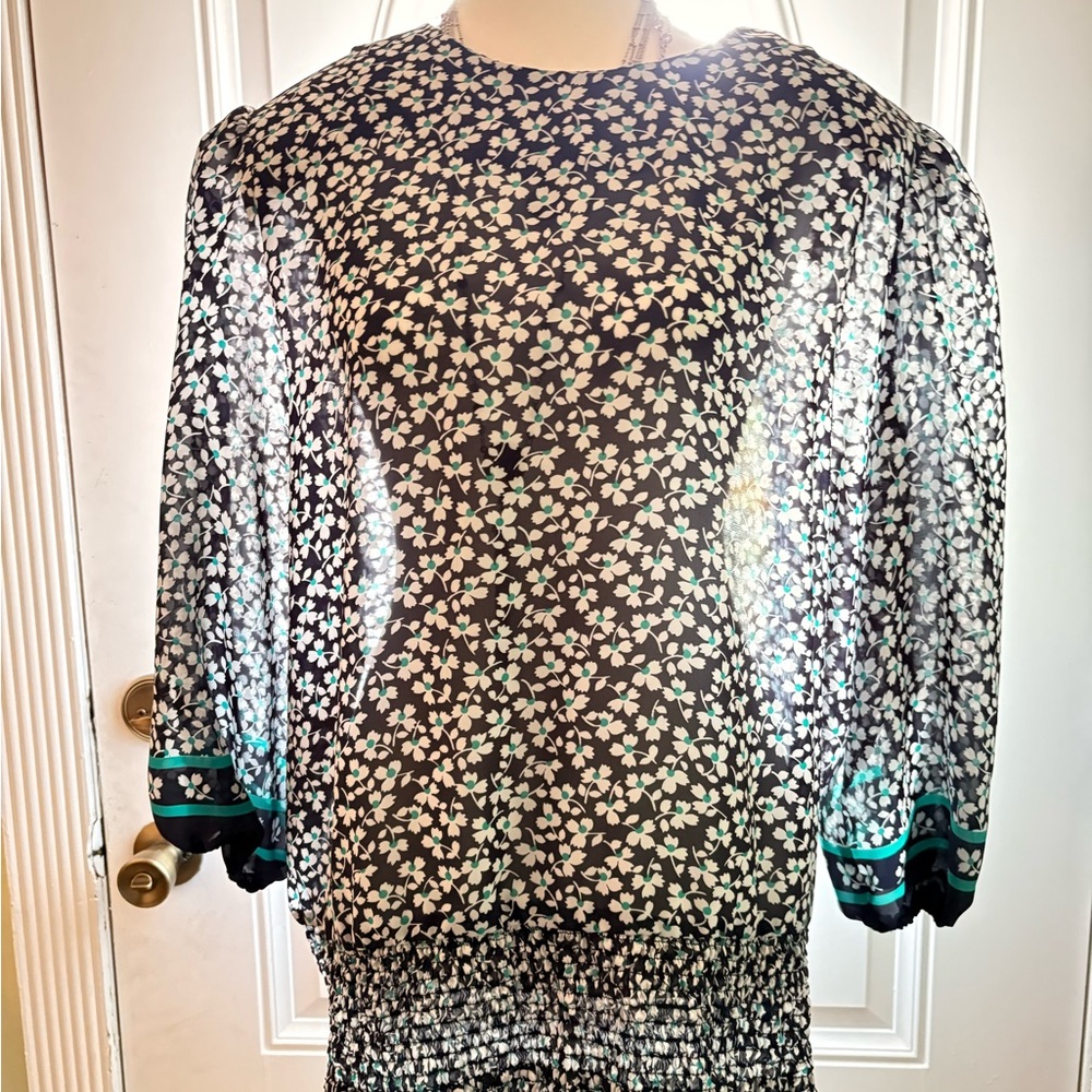 Vintage Floral Sheer Blouse with Black and Green Details